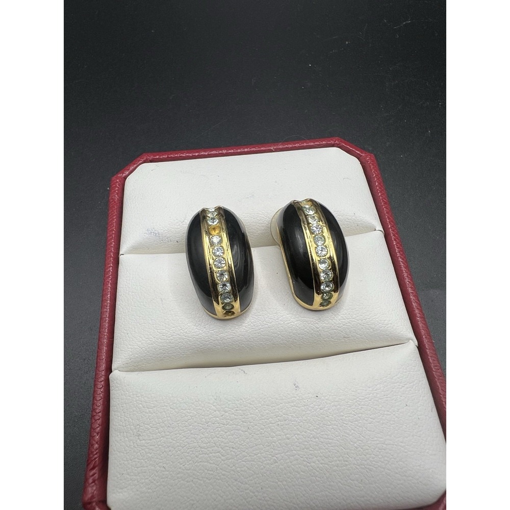 Christian Dior Vintage Gold Black Enamel Post Earrings Rhinestone Unsigned